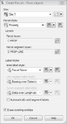 Establish settings for newly formed parcels using the Create Parcels – From objects dialog.