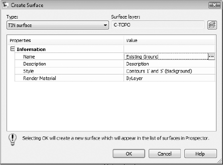 The Create Surface dialog settings