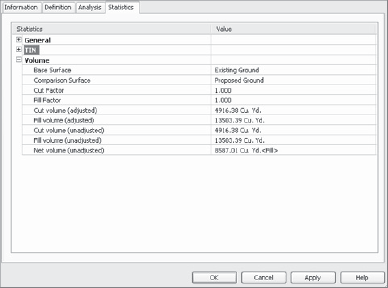 The Statistics tab of a TIN Volume surface