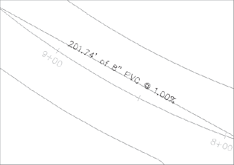 Pipes have been drawn between each structure with slopes automatically assigned based on pipe rules from the parts list.