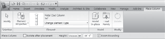 The Ribbon and Options bar when you place an architectural column