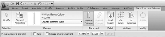 The Options bar and contextual tab give you several options for placing a structural column.