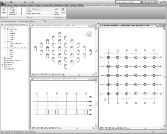 When you use the At Columns option, Revit Structure will place a structural column at the center of each architectural column that you select.