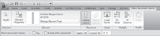 The Place Structural Column contextual tab while in a plan view (Slanted Column tool is grayed out)