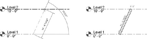 Before and after placing a slanted column in a section or elevation view