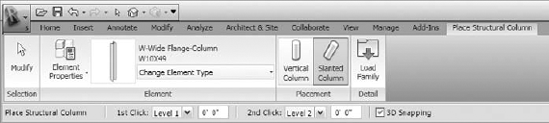 Several different options are available on the Options bar when placing slanted columns in 3D view.