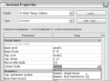Setting the column style from the Instance Properties dialog box of a structural column