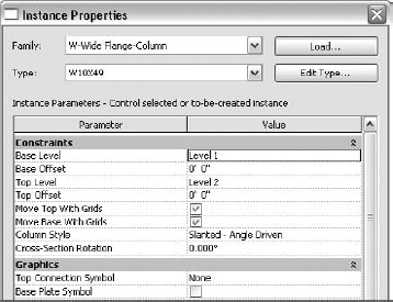 Setting the top and base of a slanted column's constraints to a grid in its Instance Properties dialog box