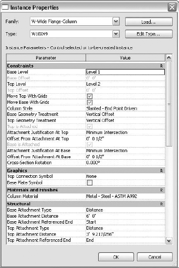 When slanted columns' top and base are attached to other elements, several properties become available to control their position.