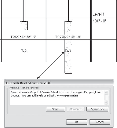 When columns exceed the segment's lower bounds of the GCS, adjust the vertical height of the Below Bottom Level value in the properties of the GCS.