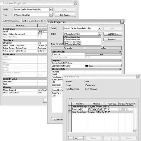 The Element Properties dialog boxes for a floor slab