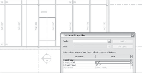 In the Instance Properties dialog box, you set the vertical range of the void extrusion by adding an extrusion value in each direction relative to the floor level.