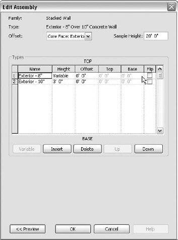 Use the Edit Assembly dialog box to define and control all the stacked wall elements.