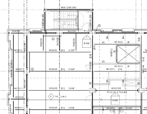 A typical floor framing plan for a steel building with differing line weights for beam elements per usage