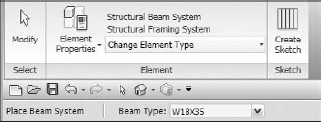 The Place Beam System tab and the Options bar for a beam system