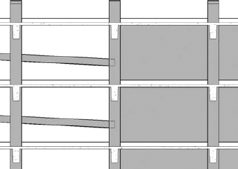 Elevation at ramp and shear wall for a concrete PT parking structure