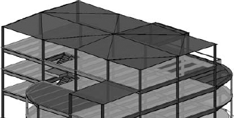 Steel midrise model with a minimally sloping roof system to accommodate drainage