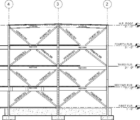 Steel x-braced frame elevation with no connection plates shown