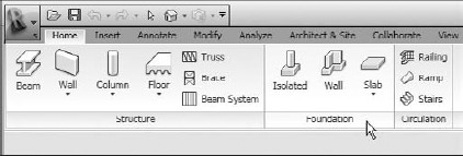 Revit Structure's Foundation tools are located on the Home tab of the Ribbon.