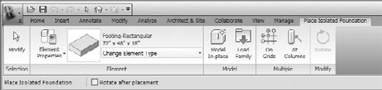 The Options bar and contextual tab give you several options for placing an isolated foundation.