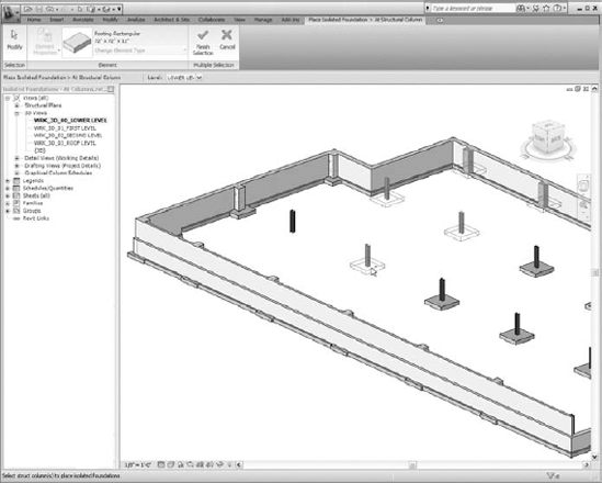 When you use the At Columns option, Revit Structure will place an isolated foundation at the center of all structural columns that you select.