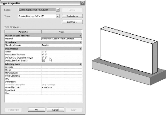 A wall footing placed with its Default End Extension Length set to 0′-6″