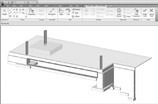 Revit Structure's magenta sketch lines indicate the wall's profile.