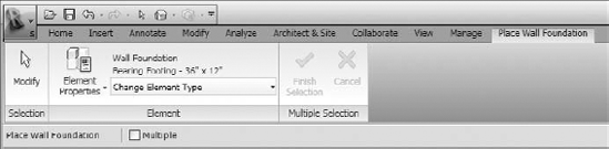 The Place Wall Foundation contextual tab has limited options for placing wall foundations.