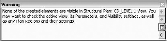 Warning stating that none of the recently created elements are visible in the current view