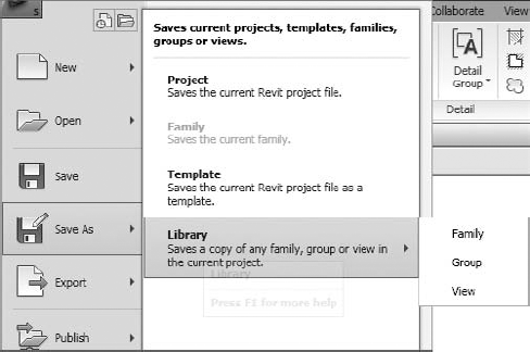 The Save to Library tool is found on the Application menu under Save As.