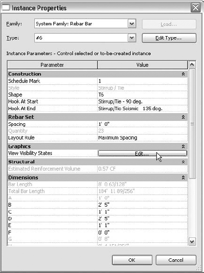 Access visibility states for rebar using the Instance Properties dialog.