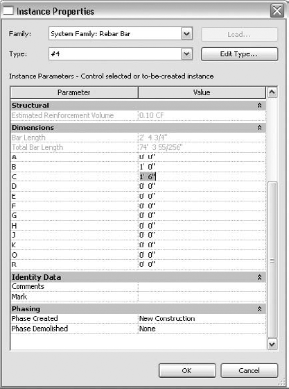 The rebar's Instance Properties dialog box allows you to edit any segment dimension.