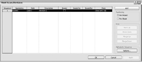 Creating new revisions, organizing their sequence, and controlling their behavior are possible with the Sheet Issues/Revisions dialog box.