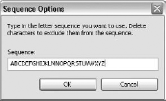 Use Sequence Options dialog box to set the order for an alphabetic numbering method.