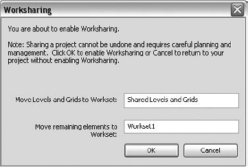 Revit confirms that you intend to enable worksharing with this dialog box.