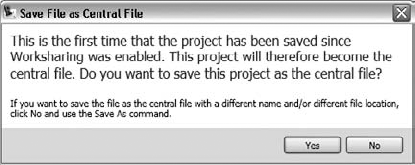 Save File as Central File message box confirming your intention to create the central file