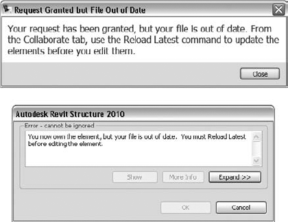 Warning dialog boxes stating that your local file is out of date