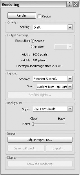 The Rendering dialog box is used to make all rendered images.