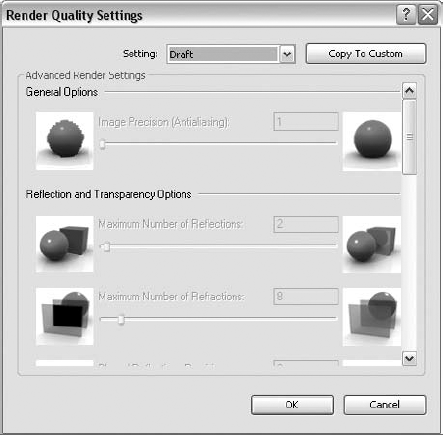 You can use the Render Quality Settings dialog box to create your rendering quality level.
