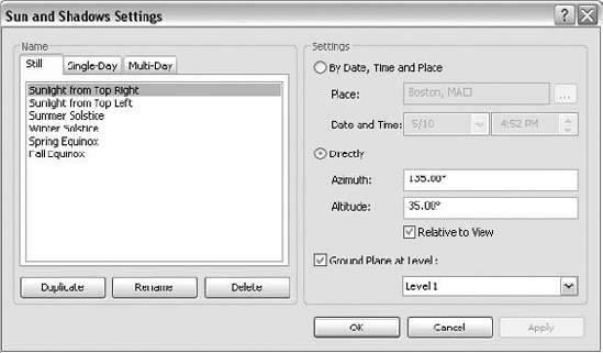 Use the Sun and Shadows Settings dialog box to determine the point of origin for the sunlight.