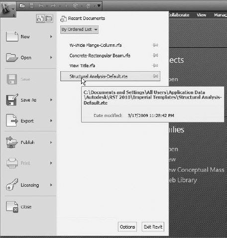 The new Revit Structure 2010 Recent File list shown on the Application menu