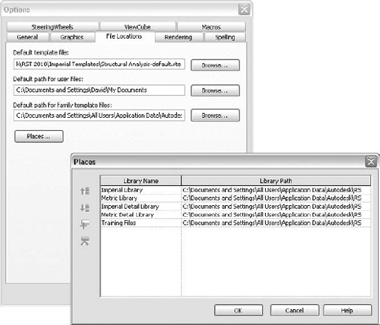 The default installation paths for library files found on the File Locations tab of the Options dialog box and the related Places dialog box