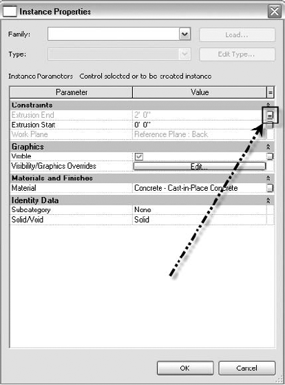 Adding parameters to an extrusion is done through the small Associate Family Parameter button to the far right of the row.