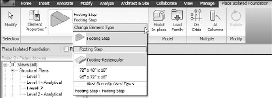 In a project, the Footing Step family is identified by its filename in the Type Selector.