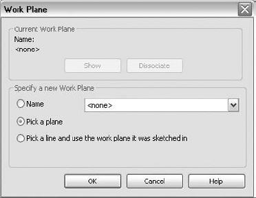 The Work Plane dialog box allows you to specify the location on the building where your sketch will reside. It is common to choose a wall or a framing member to establish a work plane.