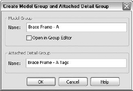 The Create Model Group dialog box allows you to name the model group as well as the attached detail (annotation) group.