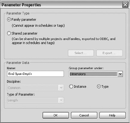 Defining the End Span Depth label in the Parameter Properties dialog box