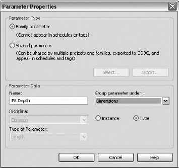 Defining the Pit Depth label in the Parameter Properties dialog box