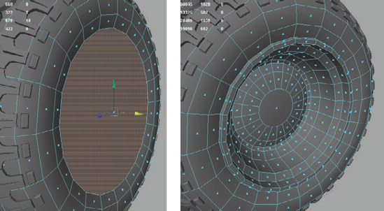 The rear wheel hubcap before (left) and after (right) adding details