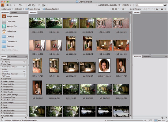 Open a folder on your hard drive from within Adobe Bridge, and photo image thumbnails are displayed in the Bridge window.